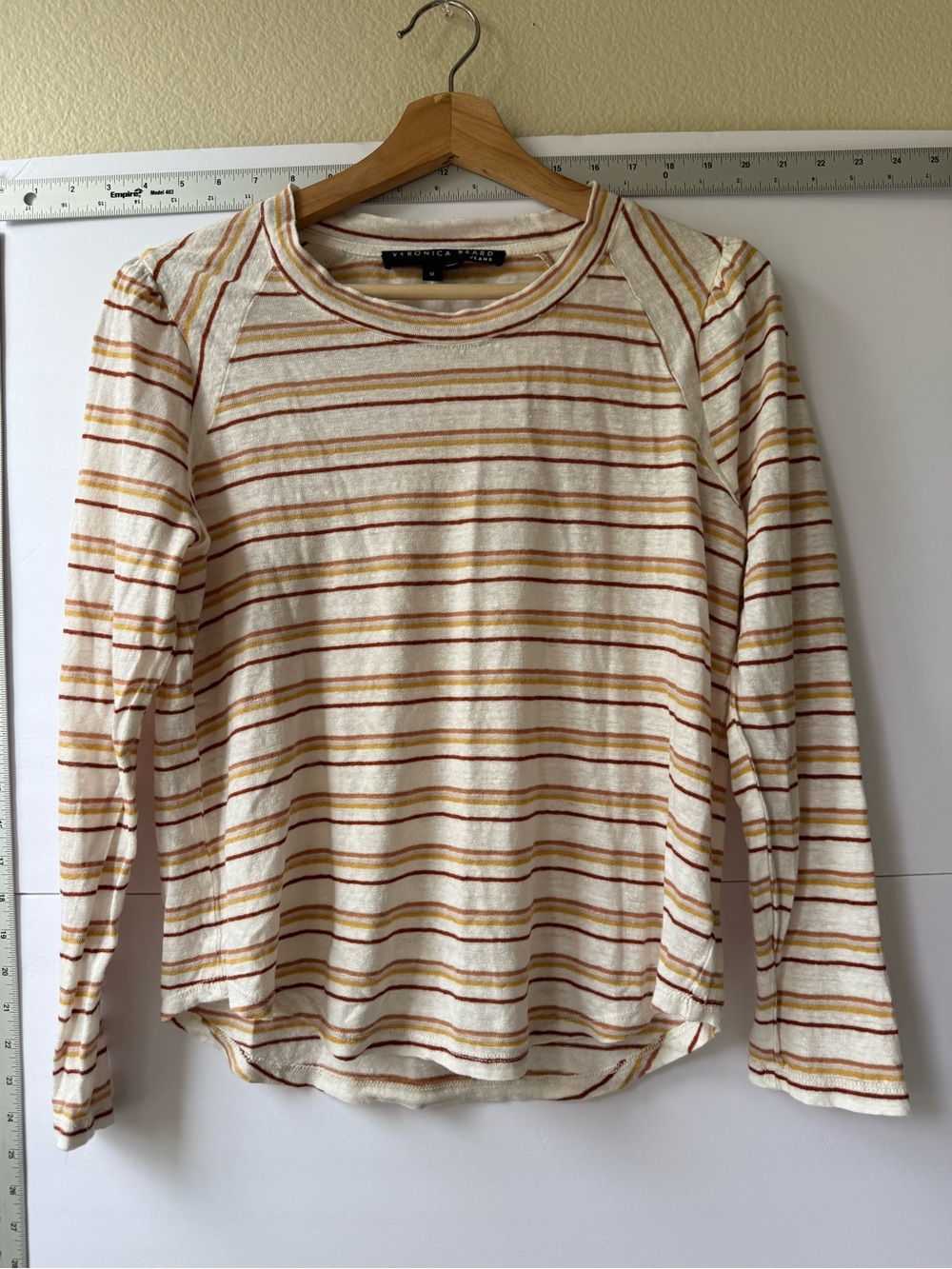 Veronica Beard Striped Cream Long-Sleeve Tee with Rust and Mustard Lines